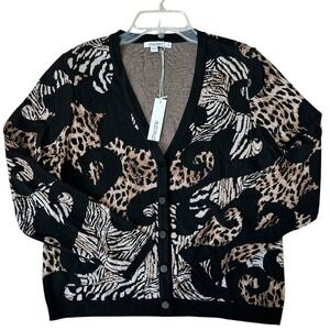 Chico's Jacquard Animal Print Cardigan Sweater Womens Size 2 Large Black Tan NWT
